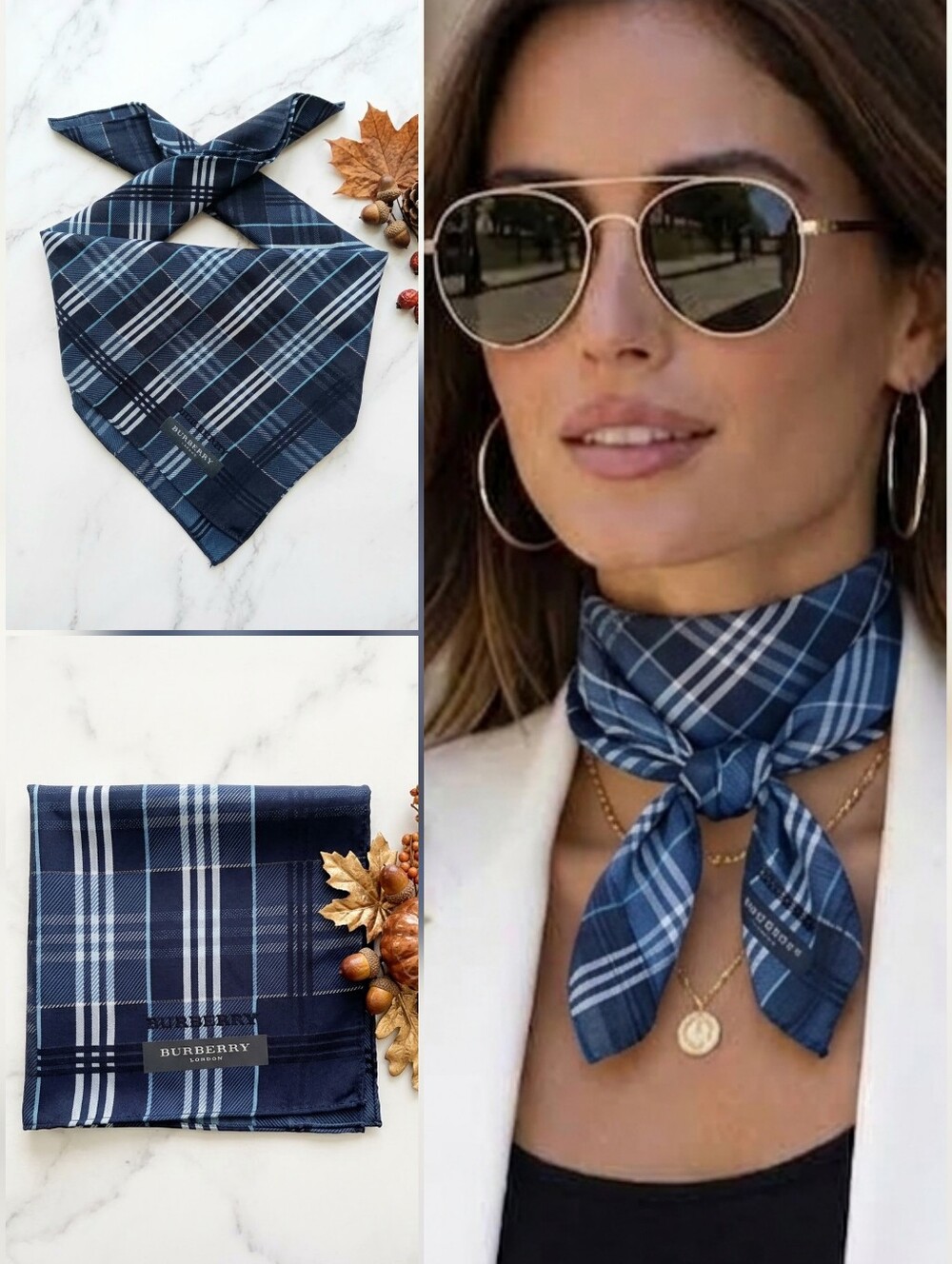 NWT Burberry Navy Blue Check Cotton Square Scarf Handkerchief 🍁